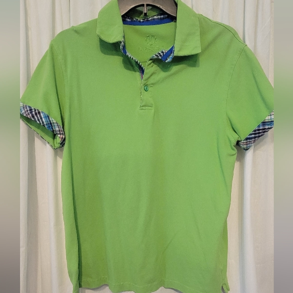Vtg BUGATCHI UOMO Mens M Lime Green Plaid trim golf Polo Y2K Hipster Merino Wool